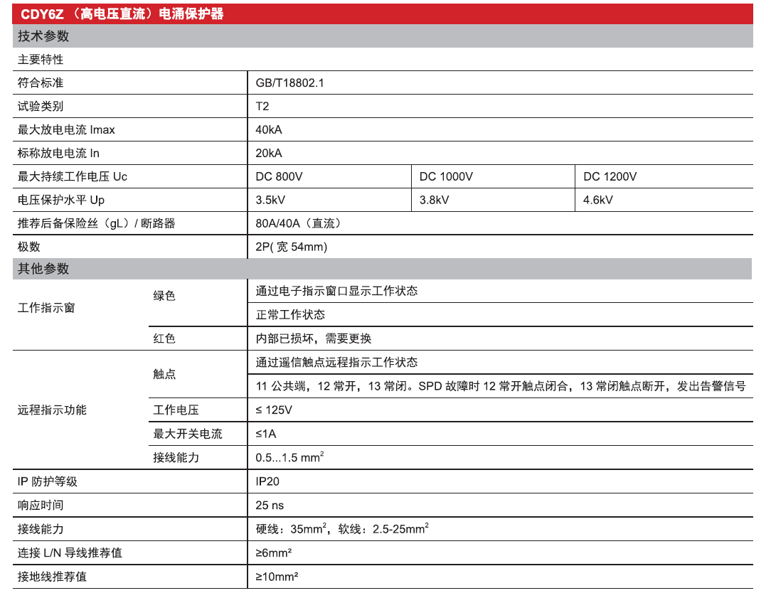 CDY6Z直流電涌保護器（高電壓）產(chǎn)品參數(shù)